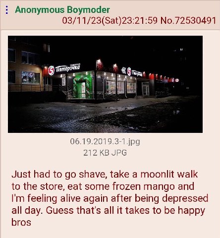 Anonymous Boymoder 03/11/23(Sat)23:21:59 No.72530491 06.19.2019.3-1.jpg 212 JPG Just had to shave, take a moonlit walk to the store, eat some frozen mango and feeling alive again after being depressed