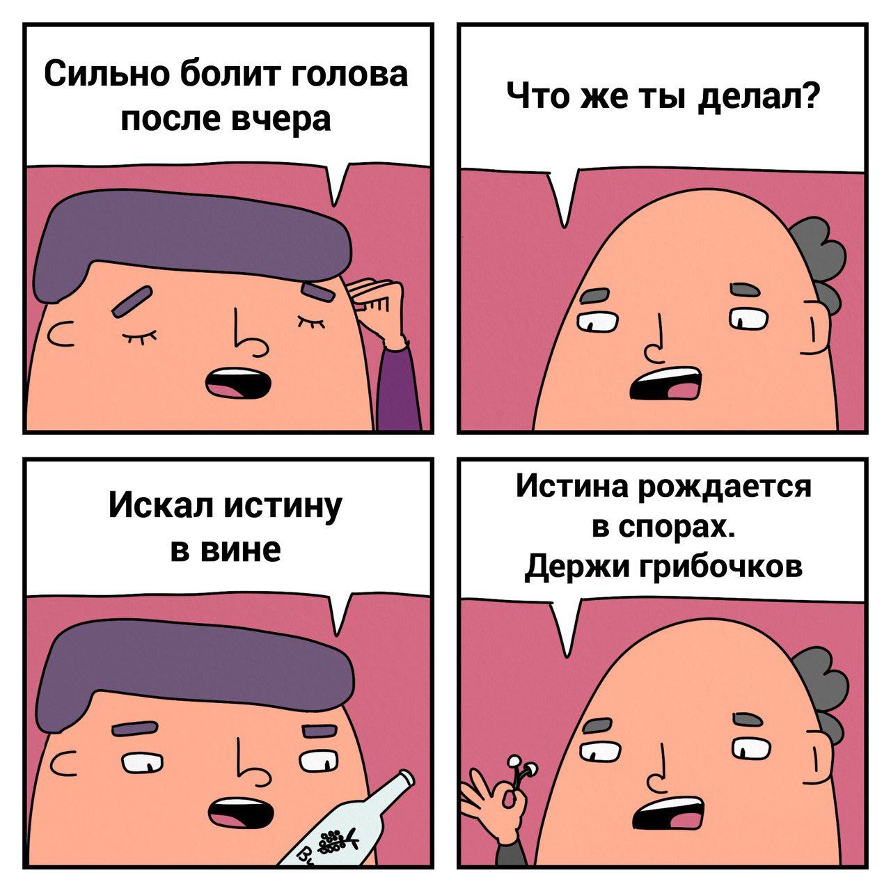 Сильно болит голова Что же ты делал? после вчера Истина рождается Искал истину в спорах. в вине Держи грибочков