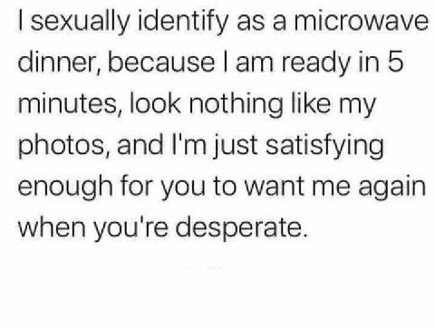 sexually identify as a microwave dinner, because ready in 5 minutes, look nothing like my photos, and just satisfying enough for you to want me again when you're desperate.