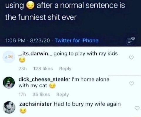 using after anormal sentence is the funniest shit ever 1:06 8/23/20 Twitter for =9 _.its.darwin._ going to play with my kids dick_cheese_stealer home alone with my cat С: zachsinister Had to bury wife