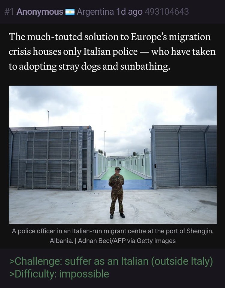 Anonymous Argentina ago The much-touted solution to Europe’s migration crisis houses only Italian police who have taken to adopting stray dogs and sunbathing. В A police officer an Italian-run migrant