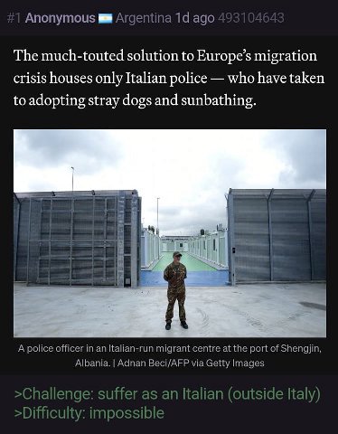 Anonymous Argentina ago The much-touted solution to Europe’s migration crisis houses only Italian police who have taken to adopting stray dogs and sunbathing. В A police officer an Italian-run migrant