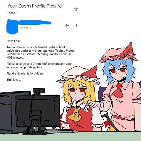 Your Zoom Profile Picture Inbox tome Hello Esau, Touhou Project is not tolerated under school guidelines under any circumstances. Touhou Project is forbidden at school. Meaning Flandre Scarlet is NOT 