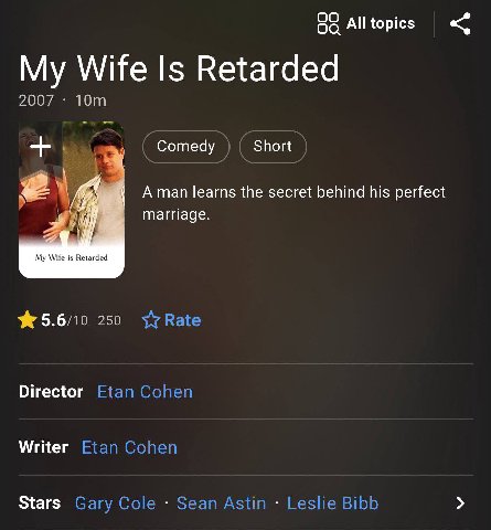 8a All topics My Wife Is Retarded 2007 Сотеду the secret behind his perfect marriage. My Wife is Retarded 5.6/10 250 Director Etan Cohen Writer Etan Cohen Stars Gary Cole Sean Astin Leslie Bibb
