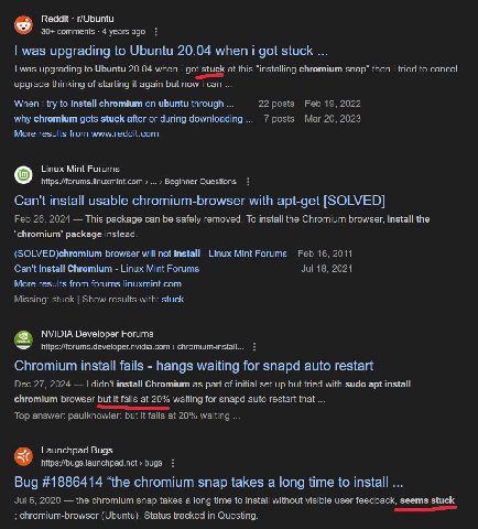 Reddit r/Ubuntu 30+ comments 4 уеагз адо was upgrading to Ubuntu 20.04 when i got stuck was upgrading to Ubuntu 20.04 when i got stuck at this "installing chromium snap" then i tried to cancel upgrade