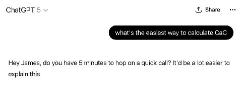 ChatGPT 5 what's the easiest way to calculate CaC Hey James, you have 5 minutes to hop on a quick call? It'd be a lot easier to explain this