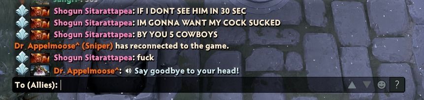 Shogun Sitarattapea: IF 30SEC бНодип Sitarattapea: СОММА WANT COCK SUCKED A Sitarattapea:BYYOUSCOWBOYS Appelmoose* (Sniper) hasreconnectedtothegame. Shogun Sitarattapea: fuck Арре!тоозе^: Say goodbye 