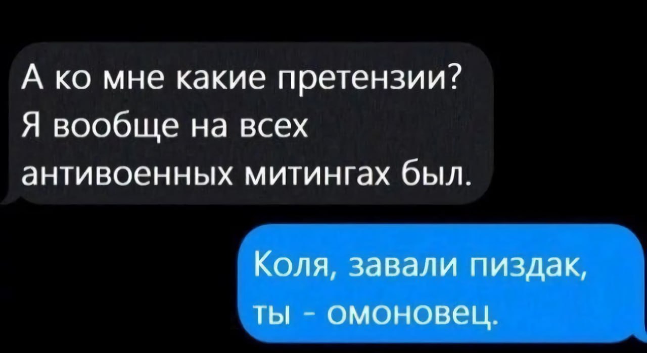 А мне какие претензии? Я вообще на всех антивоенных митингах был. Коля, завали пиздак, ты омоновец.