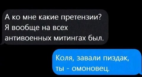 А мне какие претензии? Я вообще на всех антивоенных митингах был. Коля, завали пиздак, ты омоновец.