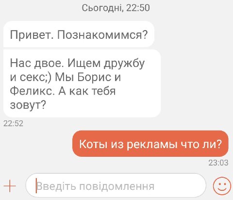 Сьогоднь, 22:50 Привет. Познакомимся? Нас двое. Ищем дружбу и секс;) Мы Борис и Феликс. А как тебя зовут? 22:52 Коты из рекламы что ли? 23:03 Введть