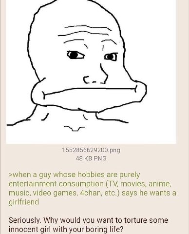 5 1552856629200.рпд 48 PNG >when a guy whose hobbies are purely entertainment consumption movies, anime, music, video games, 4chan, etc.) says he wants a girlfriend Seriously. Why would you want to to