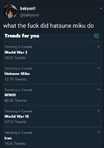 Бакуипи @bakyuno what the fuck did hatsune miku Trends for you rending in Canada World War 3 Twee in Hatsune Miku К reno Can ada Tweets 1 _anada World War Ill 5,016 Tweets rena Tweets