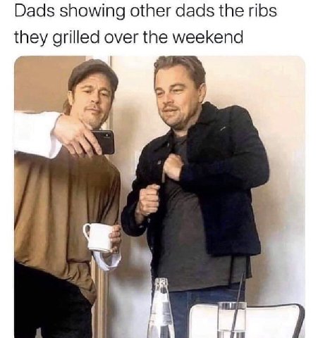 Dads showing other dads the ribs they grilled over the weekend