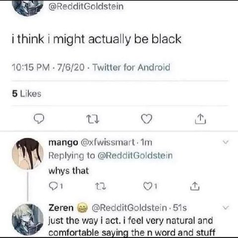 i think i might actually be black 10:15 7/6/20 Twitter for Android 5 Likes о mango Replying to @RedditGoldstein whys that Zeren @RedditGoldstein just the way i act. i feel very natural and С omfortabl