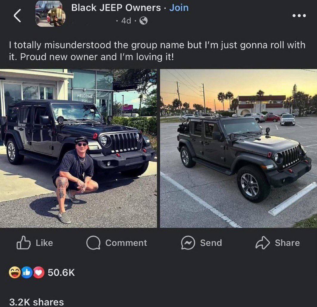 Black JEEP Owners Join totally misunderstood the group name but just gonna roll with it. Proud new owner and loving it! в Like Comment Send Share shares