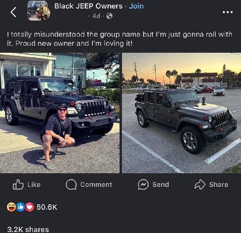 Black JEEP Owners Join totally misunderstood the group name but just gonna roll with it. Proud new owner and loving it! в Like Comment Send Share shares
