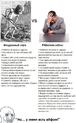 a И a7 РАБотник сейчас Феодальный слуга Работал 20 часов в неделю. Работает 40 часов в неделю. Если повезёт женится на 30 летней Женился на 15 летней покорной жене. высасывательнице денег с мерзким Пл