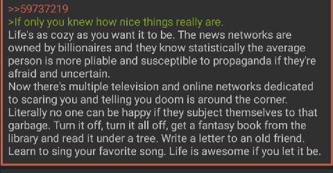 >>59737219 >If only you knew how nice things really are. Life's as cozy as you want it to be. The news networks are owned billionaires and they know statistically the average person is more pliable an