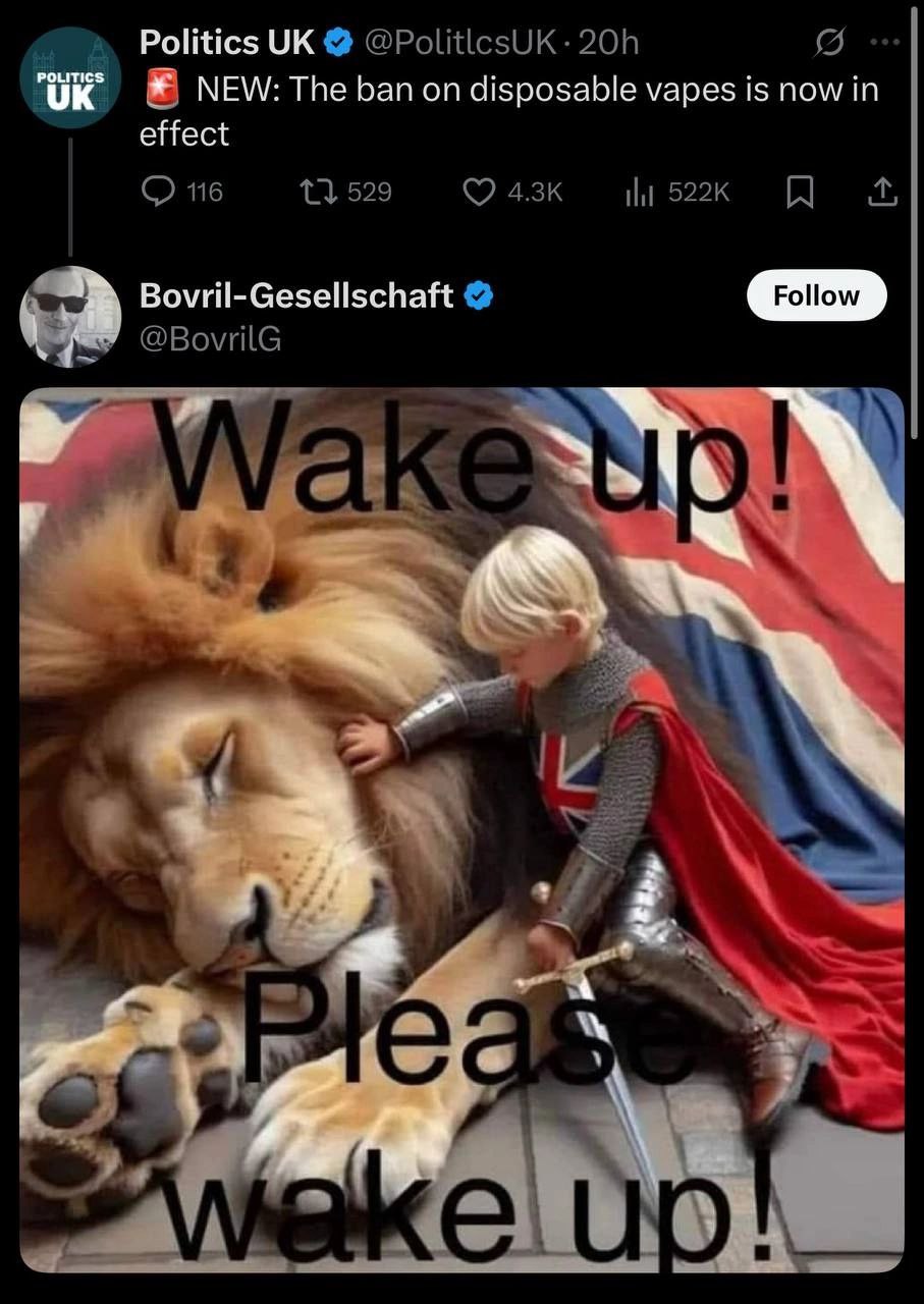 Politics @PolitlcsUK В NEW: The ban on disposable vapes is now in effect 116 529 A Bovril-Gesellschaft @BovrilG i, ее 6