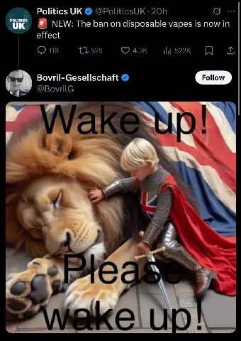 Politics @PolitlcsUK В NEW: The ban on disposable vapes is now in effect 116 529 A Bovril-Gesellschaft @BovrilG i, ее 6
