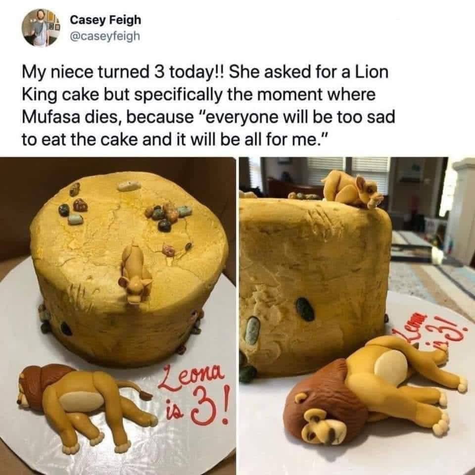 Casey Feigh @caseyfeigh My niece turned 3 today!! She asked for a Lion King cake but specifically the moment where Mufasa dies, because “everyone will be too sad to eat the cake and it will be all for