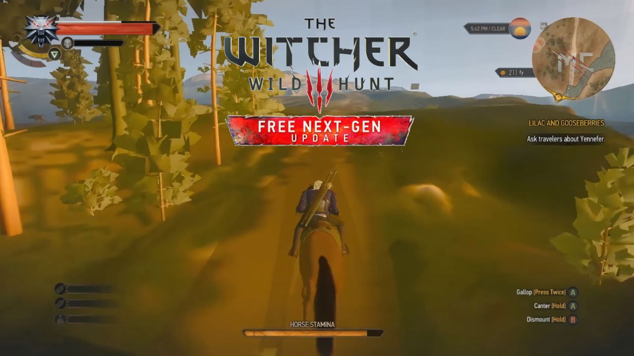 THE HER 4 HeU New LILAC AND GOOSEBERRIES FREE NEXT- СЕМ Ask travelers about Yennefer. У) Gallop [Press Twice] A Canter А HORSE STAMINA Dismount