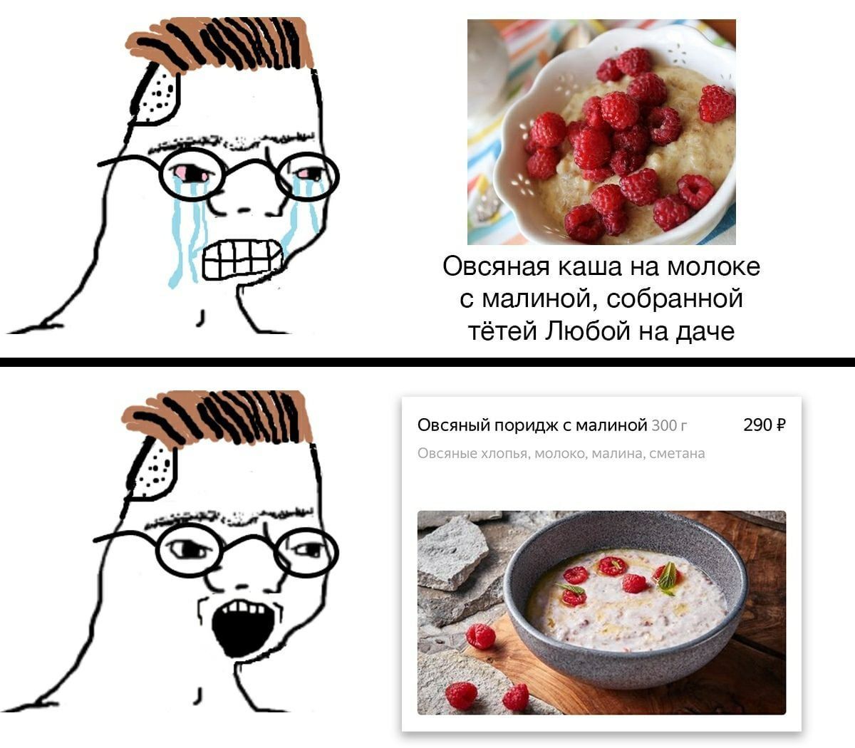 Овсяная каша на молоке с малиной, собранной тётей Любой на даче Овсяный поридж с малиной 300