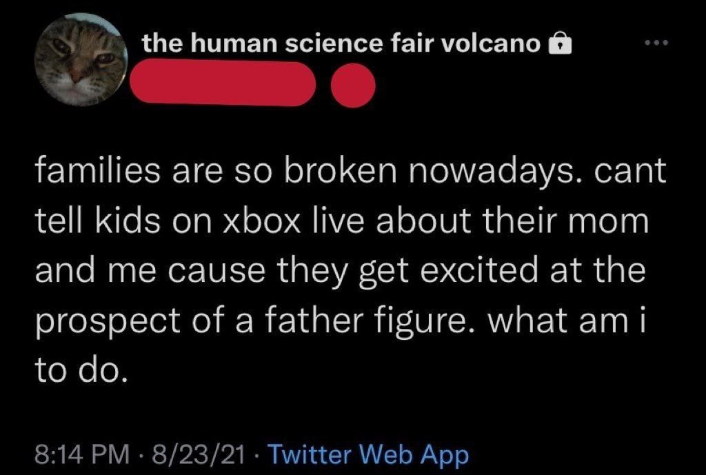 the human science fair volcano families are so broken nowadays. cant tell kids on xbox live about their mom and me cause they get excited at the prospect of a father figure. what to 8:14 8/23/21 Twitt