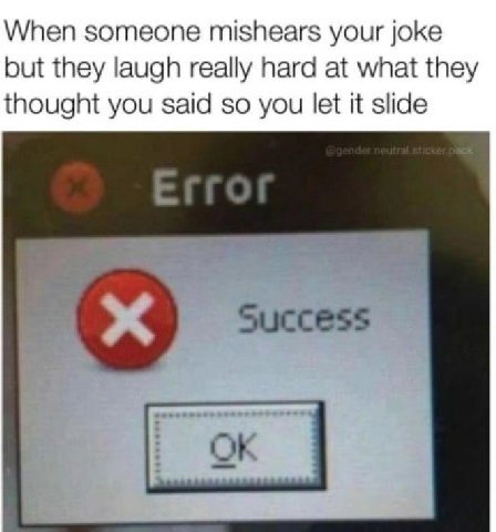 When someone mishears your joke but they laugh really hard at what they thought you said so you let it slide Errol Success