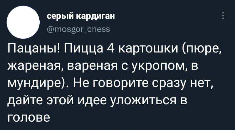серый кардиган @mosgor_chess Пацаны! Пицца 4 картошки (пюре, жареная, вареная с укропом, в мундире). Не говорите сразу нет, дайте этой идее уложиться в голове