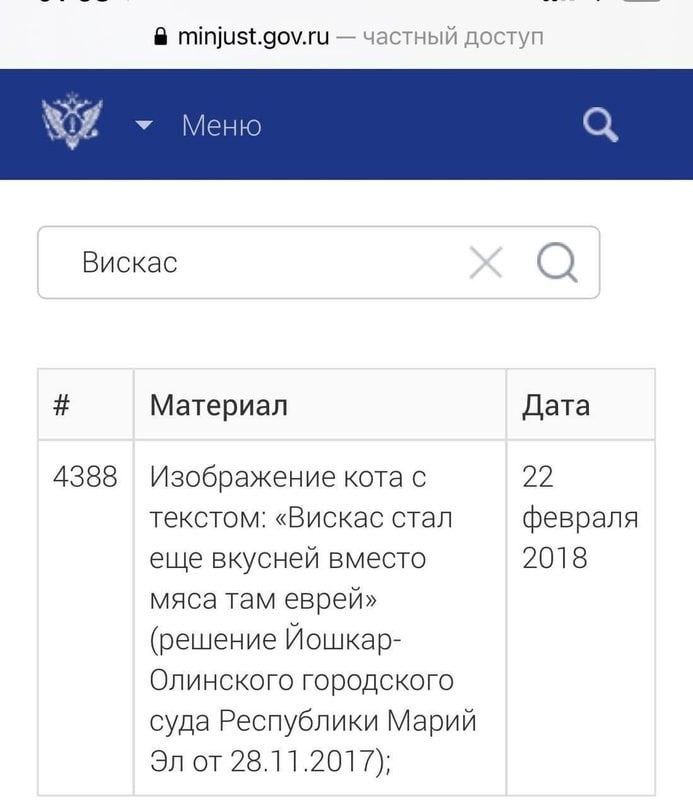 minjust.gov.ru частный доступ Меню Вискас Материал Дата 4388 2.2. Изображение кота с текстом: «Вискас стал февраля еще вкусней вместо 2018 мяса там еврей» (решение Олинского городского суда Республики
