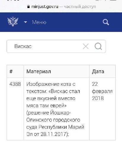 minjust.gov.ru частный доступ Меню Вискас Материал Дата 4388 2.2. Изображение кота с текстом: «Вискас стал февраля еще вкусней вместо 2018 мяса там еврей» (решение Олинского городского суда Республики