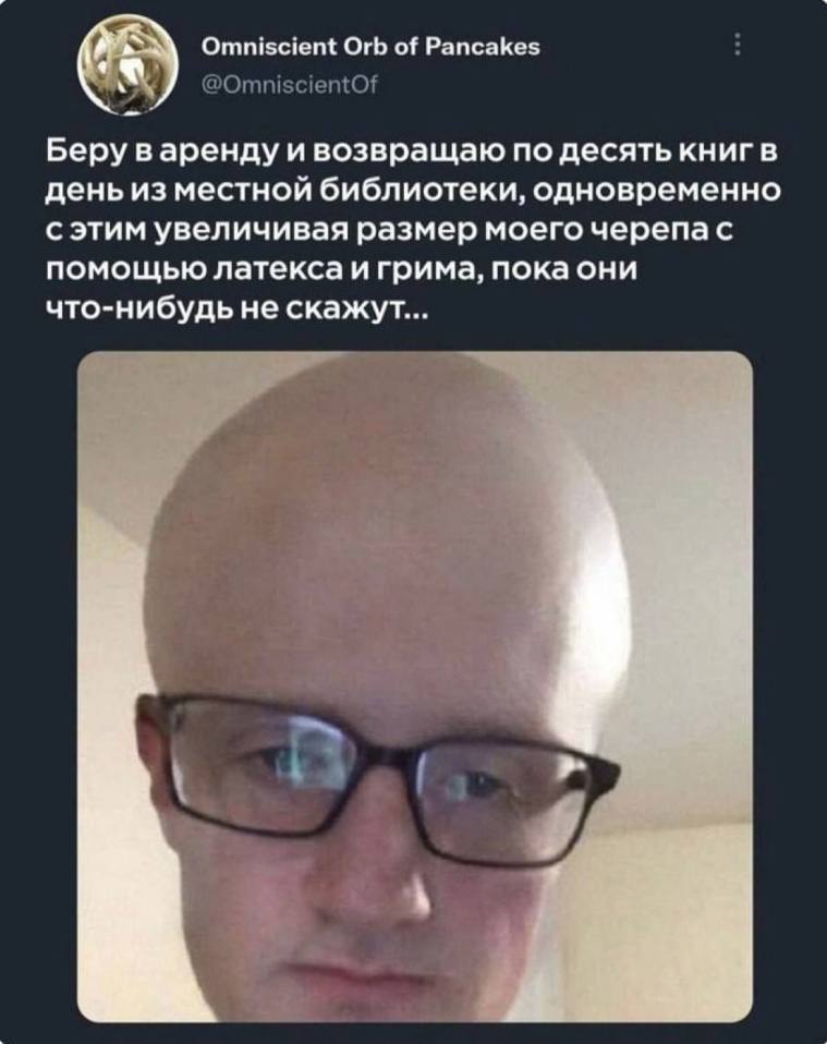 Omniscient Orb of Pancakes Беру варенду и возвращаю по десять книгв день из местной библиотеки, одновременно с этим увеличивая размер моего черепас помощью латекса и грима, покаони что-нибудьне скажут