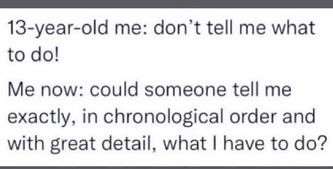 13-year-old me: don't tell me what to Me now: could someone tell me exactly, in chronological order and with great detail, what have to