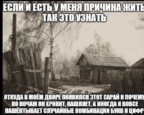 ИЕСТЬ У МЕНЯ ПРИЧИНА ТАК ЭТО УЗНАТЬ 4! ОТКУДА В МОЕМ ДВОРЕ ПОЯВИЛСЯ ЭТОТ САРАИ И ПОЧЕМ\ 00 НОЧАМ ОН ХРИПИТ, КАШЛЯЕТ, А ИНОГДА И ВОВСЕ НАШЕПТЬЫВАЕТ СЛУЧАЙНЫЕ КОМБИНАЦИИ БУКВ И ЦИФР