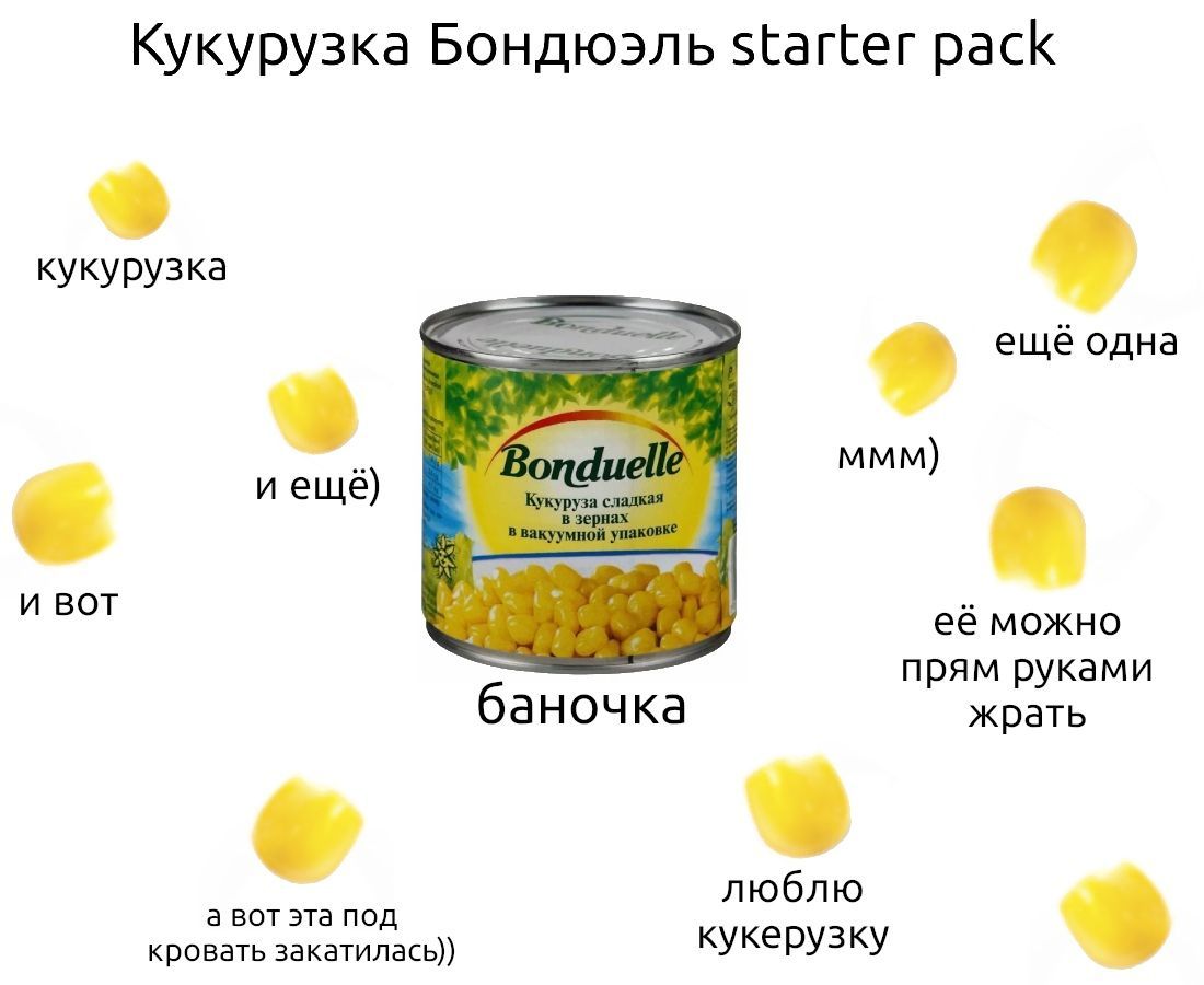 Кукурузка Бондюэль Starter pack кукурузка ещё одна ‘Bond elle MMM) иещё и вот 4 4) её можно прям руками баночка жрать а вот эта под люблю кровать закатилась)) кукерузку