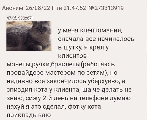 Аноним 26/08/22 Птн 21:47:52 №273313919 у меня клептомания, сначала все начиналось в шутку, я кралу клиентов монеты,ручки,браслеты(работаю в провайдере мастером по сетям), но недавно все закончилось у