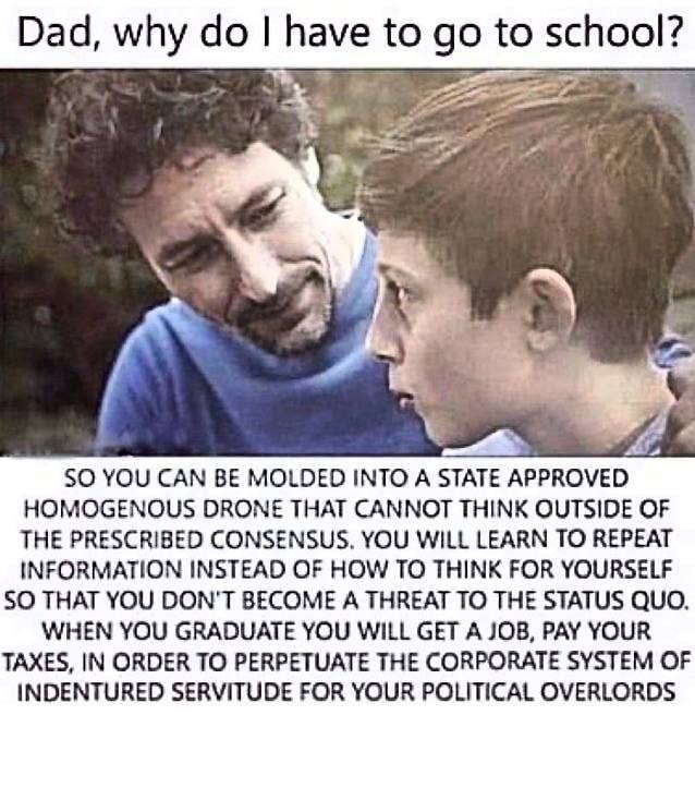 Dad, why have to to school? SO YOU САМ BE MOLDED INTO А STATE APPROVED HOMOGENOUS DRONE THAT CANNOT THINK OUTSIDE OF THE PRESCRIBED CONSENSUS. YOU WILL LEARN TO REPEAT INFORMATION INSTEAD OF HOW TO TH