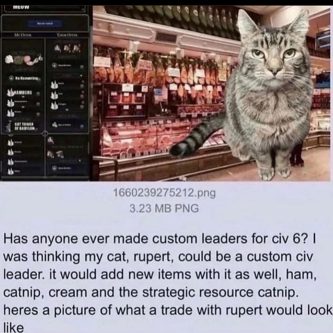 muw a 1660239275212.рпа 3.23 РМС Has anyone ever made custom leaders for civ 6? was thinking my cat, rupert, could be a custom civ leader. it would add new items with it as well, ham, catnip, cream an