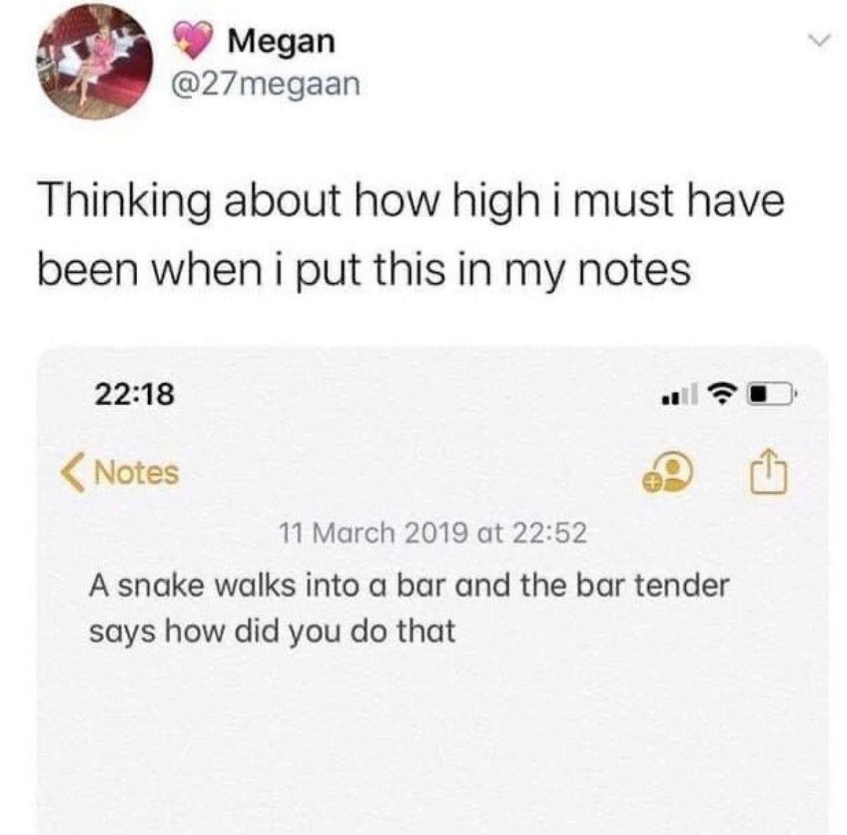 Megan @27megaan Thinking about how high i must have been when i put this in my notes 22:18 Notes 11 March 2019 at 22:52 A snake walks into a bar and the bar tender says how did you that