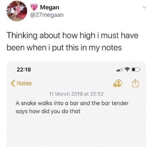 Megan @27megaan Thinking about how high i must have been when i put this in my notes 22:18 Notes 11 March 2019 at 22:52 A snake walks into a bar and the bar tender says how did you that