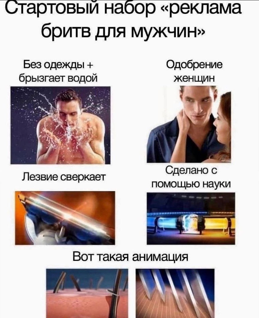 Стартовый набор «реклама бритв для мужчин» Без одежды Одобрение брызгает водой женщин Лезвие Сделано с помощью науки Вот такая анимация