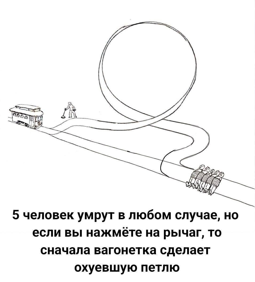 5 человек умрут в любом случае, но если вы нажмете на рычаг, то сначала вагонетка сделает охуевшую петлю