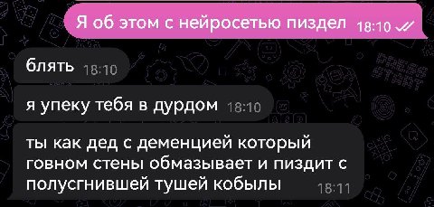 Я об этом с нейросетью пиздел 18:10 блять я упеку тебя в дурдом ты как дед с деменцией который говном стены обмазывает и пиздит с полусгнившей тушей кобылы