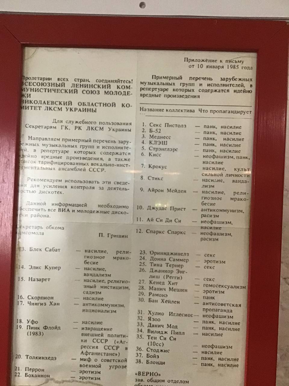 Приложение к пибьму от 10 января 1985 года ролетарии всех Примерный перечень зарубежных стран. соединяйтесь! ЛЕНИНСКИЙ КОМ- музыкальных групп и исполнителе в УНИСТИЧЕСКУ репертуаре которых содержатся 