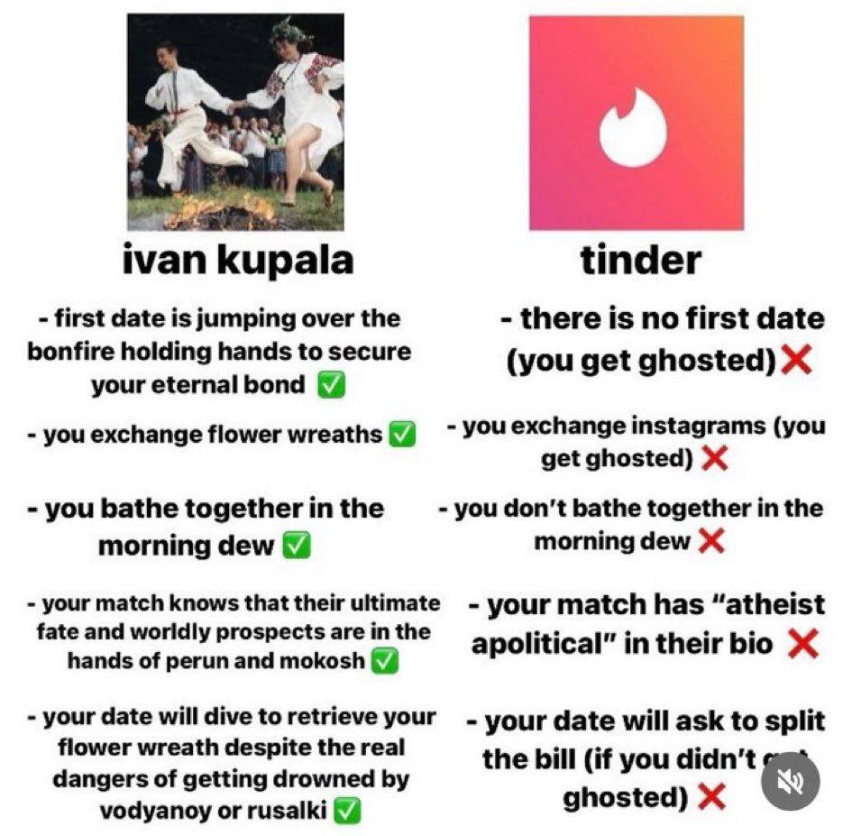 5 ivan kupala tinder first date is jumping over the there is no first date bonfire holding hands to secure (you get ghosted) your eternal bond you exchange flower wreaths you exchange instagrams (you 
