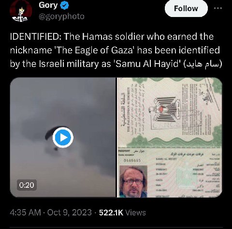 Согу IDENTIFIED: The Hamas soldier who earned the nickname 'The Eagle of Gaza' has been identified the Israeli military as ‘Samu Hayid! 43-3 34 i 33 34 3 0:20