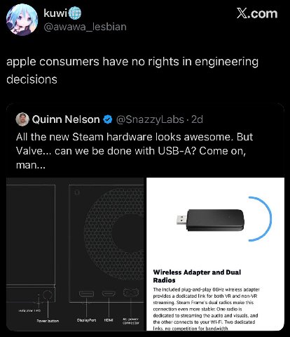 Х.сот apple consumers have по rights in engineering decisions Quinn Nelson All the new Steam haraware looks awesome. But Valve... can we be done with USB-A? Come on, пам... Wireless Adapter and Dual R
