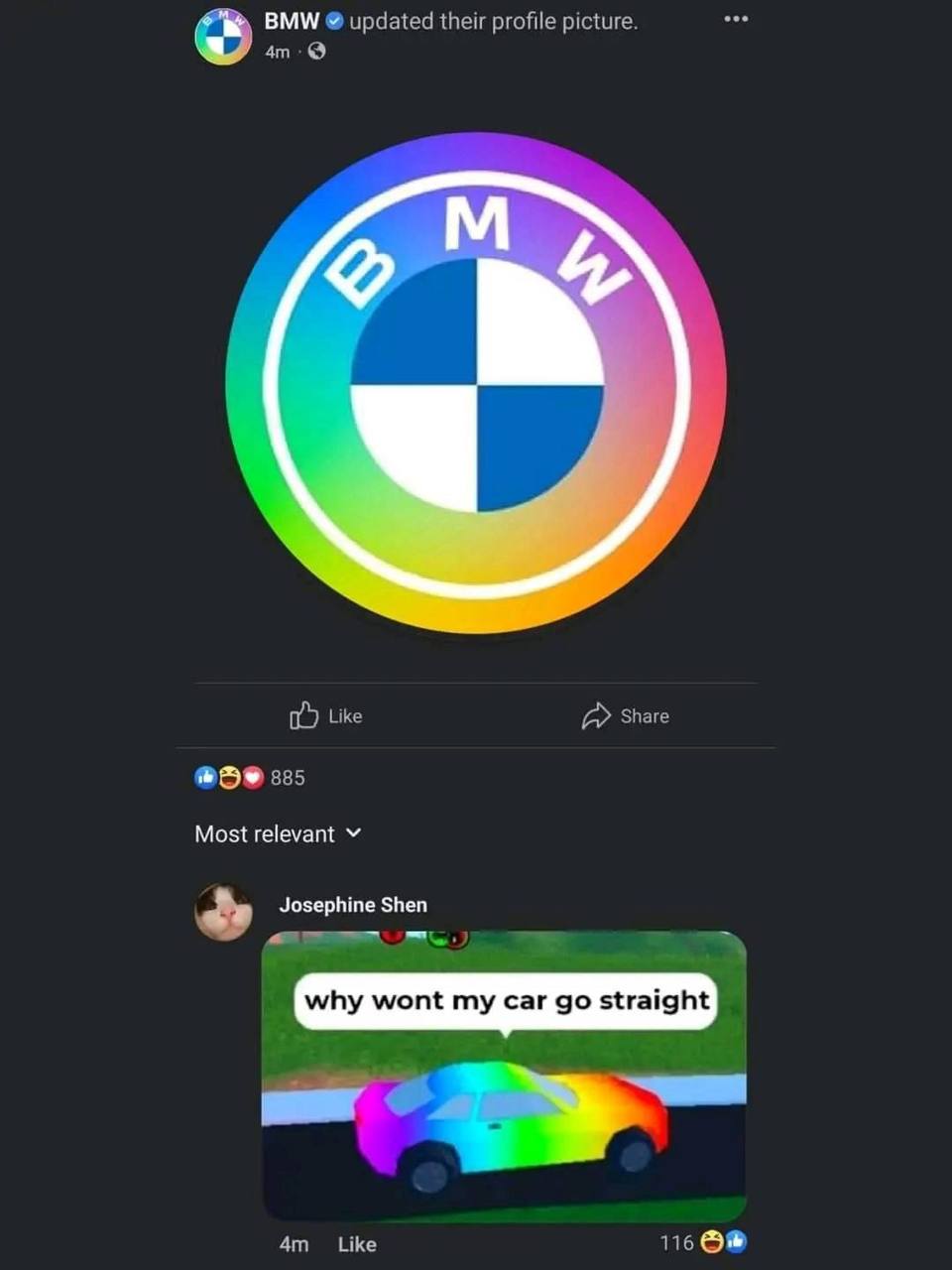 BMW updated their profile picture. Like a Share 335 Most relevant Josephine Shen why wont саг straight Like 116