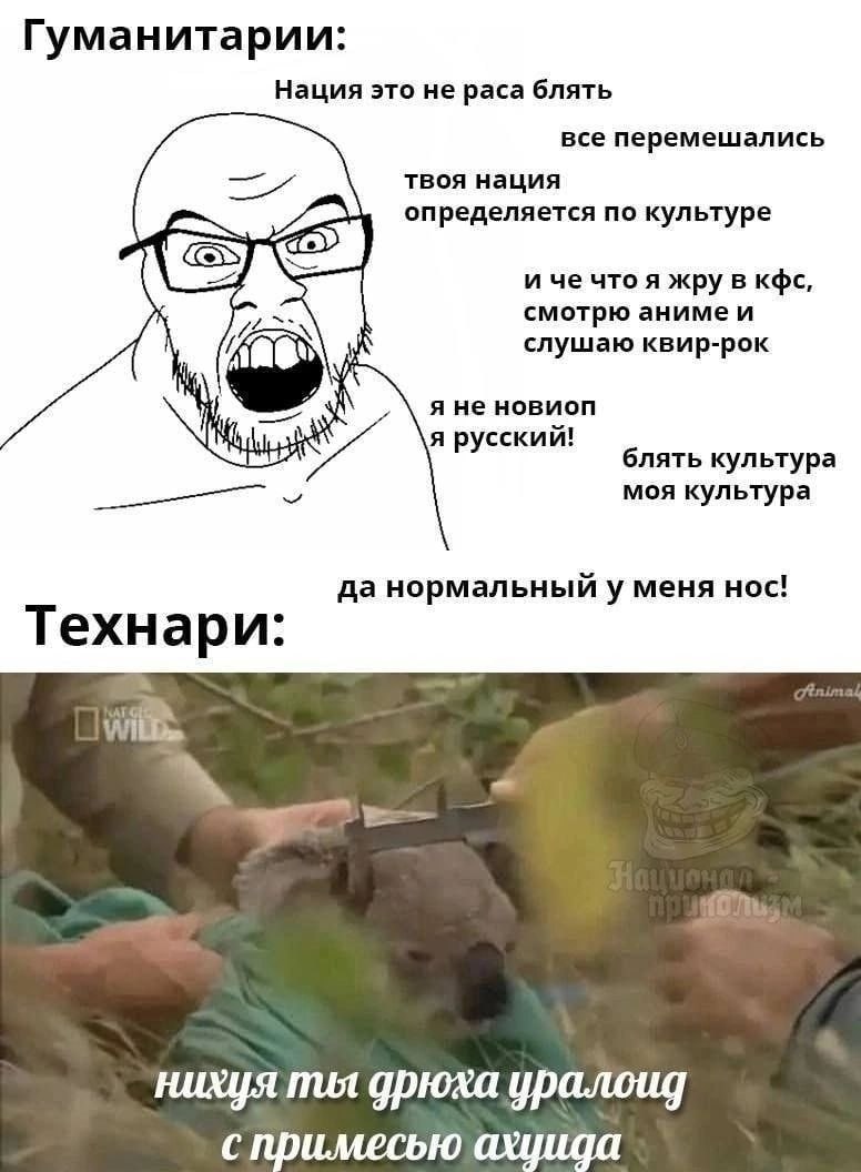 Гуманитарии: Нация это не раса блять все перемешались твоя нация определяется по культуре и че чтоя жру в кфс, смотрю и_^ слушаю квир-рок я не новиоп я русский! блять культура моя культура да нормальн